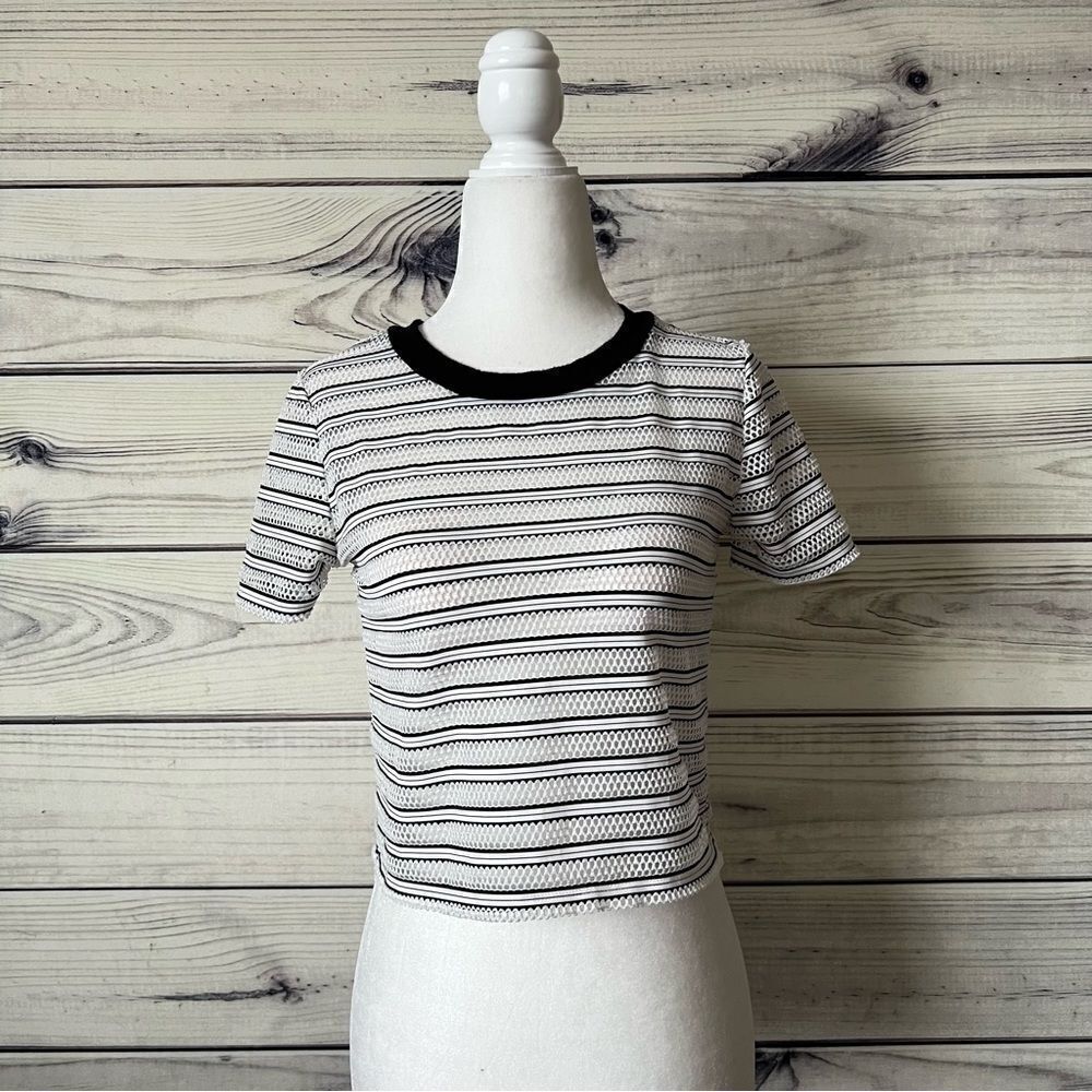 Forever 21 Black & White Striped Mesh Short Sleeve Crop Top